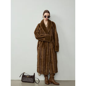 Manteau Longue Femme Fausse Fourrure De Renard – Col Costume – Doublure Chaude – Taille Régulière
