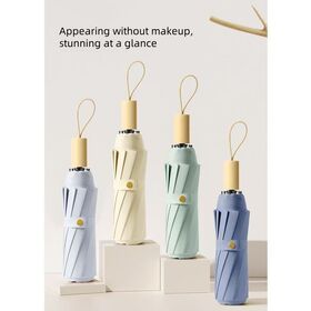 Parapluie Triple Pliant avec Protection UV, Poignée Ergonomique en Bois et Conception Améliorée de Résistance au Vent