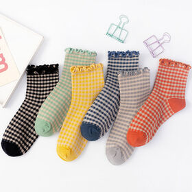 Retro Trend Checkered Lace Mid Calf Socks for Girls Black Ear Trimmed Colorful Lolita Cotton Long Socks
