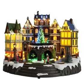 Maison de Village de Noël, 31,5 cm de Hauteur, Grande Taille, Lumières LED Colorées avec Musique de Noël, Arbres de Noël Rotatifs et Patineurs à Roulettes