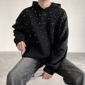 Factory Wholesale Acid Wash Embroidery Techniques Screen Printed Fashion Men Pullover Hooded Sweater Vintage Rhinestone Hoodie