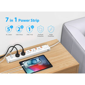 Huntkey Stop Kontak dengan 5 Outlet AC Universal, 2 Port USB-A dan 1 Port USB-C, Pelindung Lonjakan Arus untuk Rumah dan Kantor