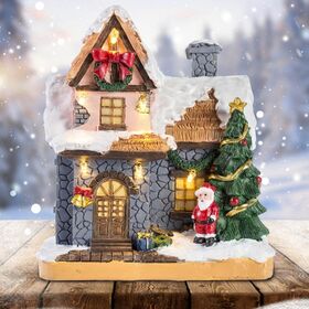 6" Resin Christmas Scene Village Houses Town with Warm White LED Light Battery Operated Christmas Ornament For Home, Office, Party