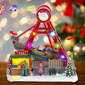 Colección Aldea Navideña Trineo de Papá Noel, Barco Animado con Luces LED y Música, Decoraciones de Temporada para Conjuntos de Aldeas