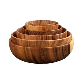 Tazón de ensalada de madera de acacia barato, tamaño personalizado, tazones de madera redondos, utensilios de lujo para restaurantes domésticos, tazón de madera elegante para cocina