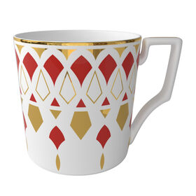 Luxury Gold-Rimmed Bone China Mug Features Red and Gold Geometric Design Part of a Ceramic Dinner Set with Plates and Bowls Set