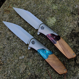 OEM Engraved Wood Handle Folding Grey Titanium Blade Outdoor Camping Survival Self Defense Pocket Knife