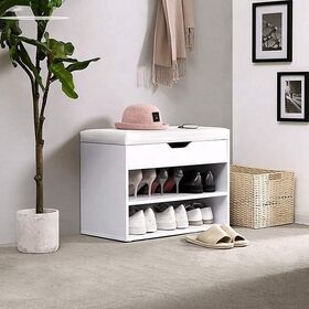 Wholesale Living Room White Finish Wooden Entryway Rack Shoe Bench With Cushion