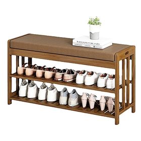Zapatero Banco de Madera con Asiento y Cojín de Cuero Grande para Recibidor y Salón