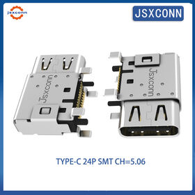 Conector USB Tipo C SMT Vertical de 24 Pinos CH=5.06mm, Mais Vendido da JSXCONN. Venda Direta da Fábrica, Qualidade Garantida.
