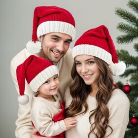Wholesale Knitted Santa Hat with Pompom Red White Christmas Hat for Adults Kids Sizes Holiday Party Costume Decorations