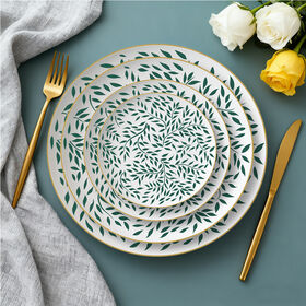 Umweltfreundliches Bone China Geschirr mit lebhaftem grünem Blattmuster, Keramikteller, Keramikgeschirr, Suppenteller, Brotteller