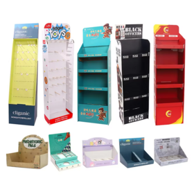 Promocional Pdq Display Box Pos papel cartón Display Stand con gancho Estante de exhibición del contador del piso de la cartulina del precio bajo