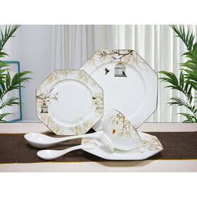 SMF Patentiertes achteckiges Fine Bone China Geschirrset mit Goldakzent-Dekoration, Speiseteller und bruchsicherer Müslischale