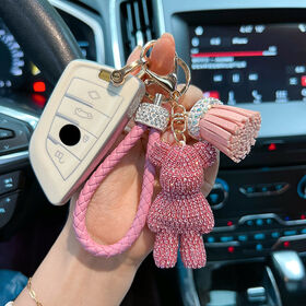 Wholesale Creative Crystal Bear Rhinestone Keychains with Leather Strap Luxury Tassel Car Bag Pendant Key Ring for Women Gifts