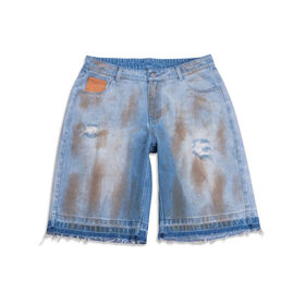 Custom Distress Acid Wash Vintage Raw Edges Ripped Embroidery Jeans Denim Shorts for Men