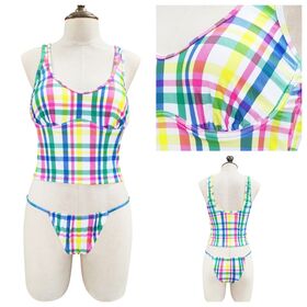 Fato de banho de duas peças feminino com estampa de arco-íris e xadrez, Tankini de tecido, design personalizado ecológico de alta qualidade para o verão