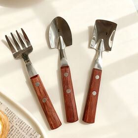 Koreanisches Silberlöffel- und Gabel-Besteckset aus Edelstahl mit Holzgriffen, auf Lager