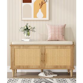 Modern two door adjustable natural wooden shoe storage platform with cushioned entrance shoe counter