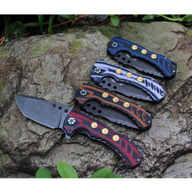 Faca tática dobrável OEM de aço inoxidável preto com acabamento stonewashed, cabo G10, faca de bolso para caça, camping e atividades ao ar livre