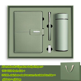 Set de regalo para escuela de negocios: Botella al vacío de 350 ml, memoria USB, cuaderno de cuero sintético con bolígrafo