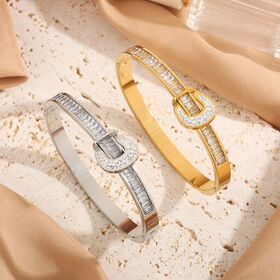 SISSLIA Wholesale Fashion Jewelry Stainless Steel Plated 18K Gold Open Snap Button U Shape Set Crystal Diamond Women's Bracelet