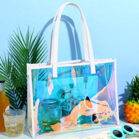 Large Holographic Clear Tote Bags Iridescent PVC Beach Bags for Work Stadium Travel With Custom Logo