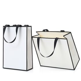 Wholesale White and Black Shopping Bags with Ribbon Handles Kraft Paper Gift Bags