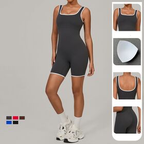 Sexy Square Neck Backless Women Shorts Jumpsuits Nylon Soft Sleeveless Fitness Sports Cycling Bodysuits with Bra Pads