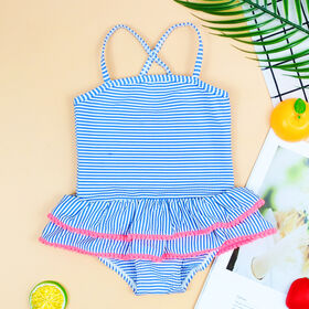 Custom White & Blue Stripes Beachwear for Kids Bathing Suits UV Swimwear for Summer Beach One Piece Girls' Swimsuit with Skirt