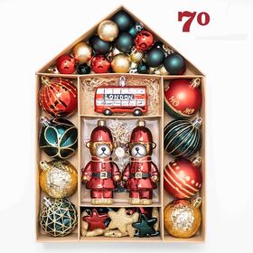 70PCS Christmas Ornament Balls Set, House-shaped Kraft Paper Box Christmas Hanging Decorations