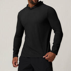 Camiseta esportiva masculina de malha lisa, com capuz, manga comprida, secagem rápida, anti-pilling, tops de corrida, pulôver para atividades ao ar livre