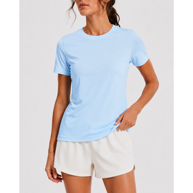 Kaos Olahraga Wanita Leher Kru Lengan Pendek Cepat Kering Mesh Breathable untuk Lari dan Kebugaran