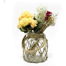 Handblown Soda-Lime Glass Vase with Marine Rope Mesh, 6.5-Inch Rustic Floral Hanging Decor