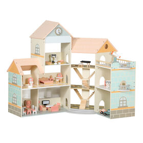 Casa de muñecas de madera de varios niveles-Casa de juegos grande con muebles y escaleras para niños W06A596