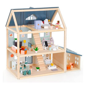 Casa de muñecas de madera de varios niveles con muebles-64 piezas Playhouse con sala de herramientas multifuncional extraíble para niños W06A599