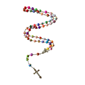 Catholic Round Ceramic and Polymer Clay Rosary Necklace, Colorful Beads, Cross with Medal