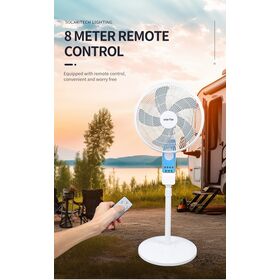 Ventilador de suelo de carga solar al por mayor de 16" 25W, alto volumen de aire, batería de larga duración con bombillas LED, con control remoto, proveedor OEM