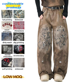 Maßge schneider ter Vintage Sun Faded Baggy Fit Schwergewicht Denim 100% Baumwolle frei Hand druck High Street Reiß verschluss fliegen Herren Jeans mit weitem Bein