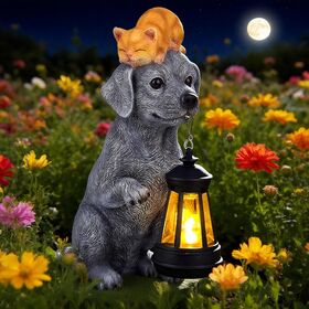 Harga Pabrik Patung Taman Anjing Tenaga Surya dengan Lentera dan Kucing Tidur - Lampu Figurine Hewan Peliharaan Resin untuk Produsen ODM/OEM Luar Ruangan