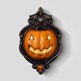 Heurtoir de Porte Citrouille Animée 10" - Accessoire Décoratif d'Halloween Lumineux, Utilisation Extérieure Abritée, Fonctionne à Piles