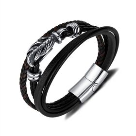Bracelet à boucle magnétique créative en acier inoxydable à la mode, bracelet polyvalent en cuir tissé multicouche rétro pour hommes