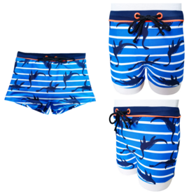Calções de Banho para Meninos com Estampado de Dinossauros Personalizado de Alta Qualidade e Alta Elasticidade, Listras Azuis e Brancas e Cordão Ajustável