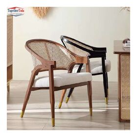 Wooden Frame Upholstered Dining Chair with Rattan Backrest Two-Tone Soft-Padded Seat Chair for Modern Dining Rooms