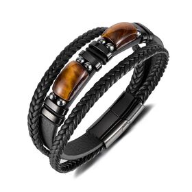 Bracelet vintage en acier inoxydable avec pierre oeil de tigre épissage noir calculs biliaires multi-couches en cuir tissé, bracelet personnalisé