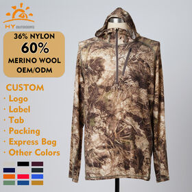 Merino Wool Hunting Hoodie - Camo Base Layer Windproof Synthetic Blend Athletic Fit Cold Weather OEM ODM