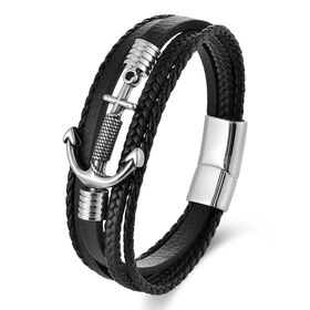 COLORFUL BLING Men's Leather & Stainless Steel Cross Cuff Bangle - Magnetic Clasp Faith Bracelet - View #5
