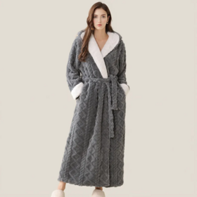 Flannel robe hooded bathrobe coral fleece ladies thickened and long couple bathrobe men sleeping robe