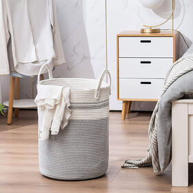 Factory Price Custom Cotton Rope Woven Basket Large Capacity Foldable Blanket Organizer Storage Bin with Stitch Handles Bulk