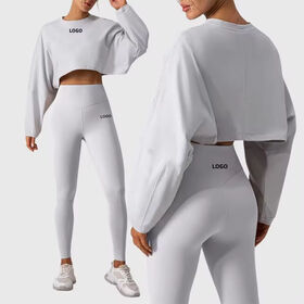 Conjunto Deportivo Coordinado para Mujer, Top Corto de Manga Larga y Leggings Deportivas, Traje de Yoga Elegante de 2 Piezas para Fitness y Ocio